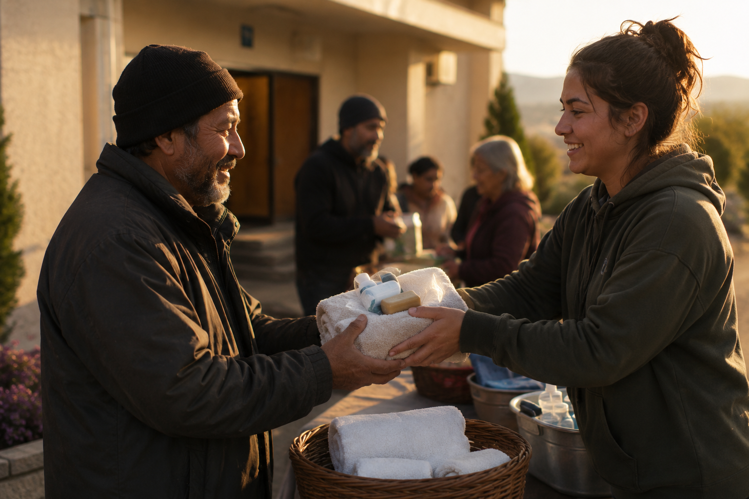 A volunteer handing a clean towel and hygiene supplies to a neighbor at sunrise