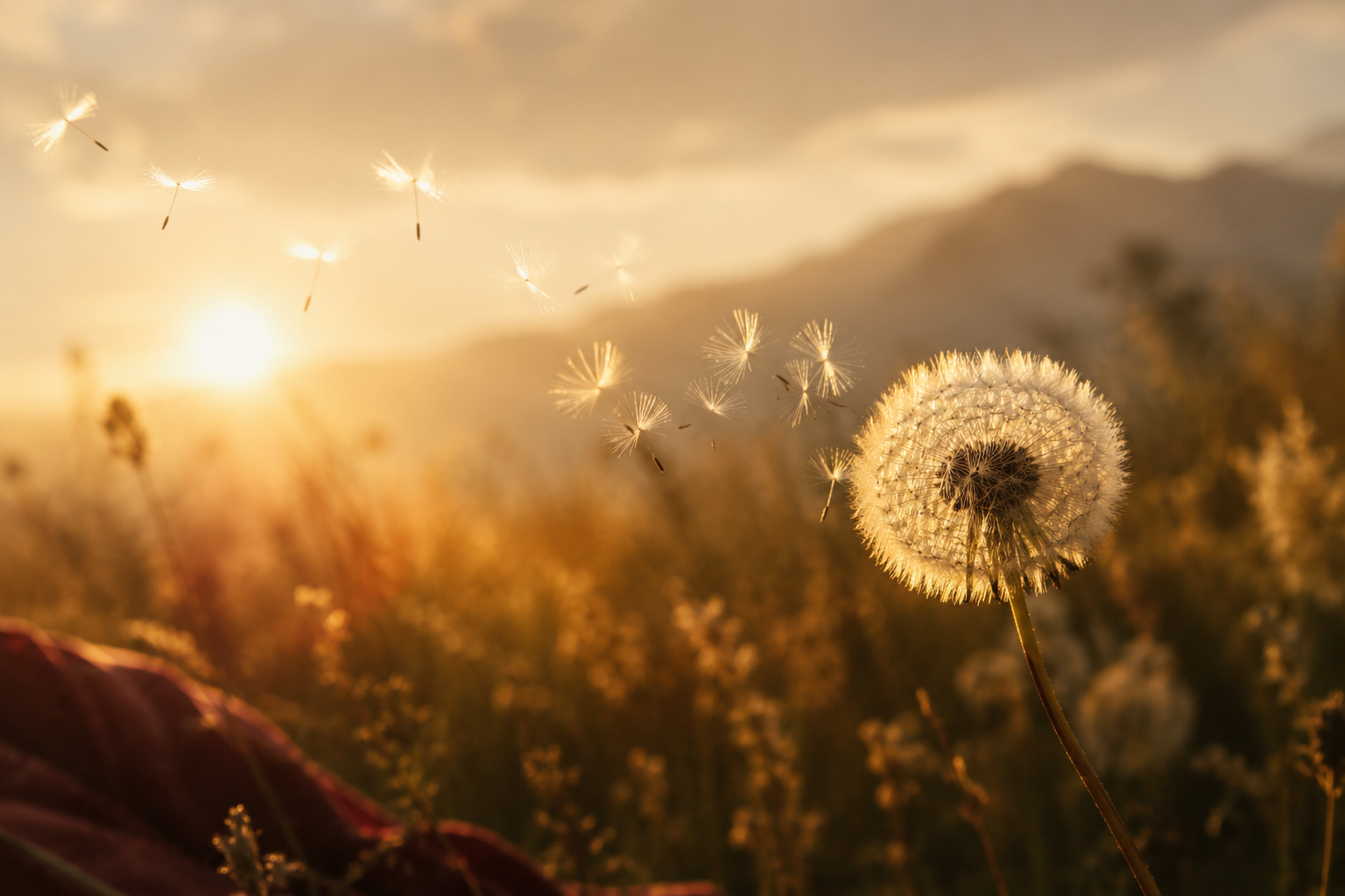 Dandelion releasing seeds into a golden sunset field — the Word of God spreading unstoppably