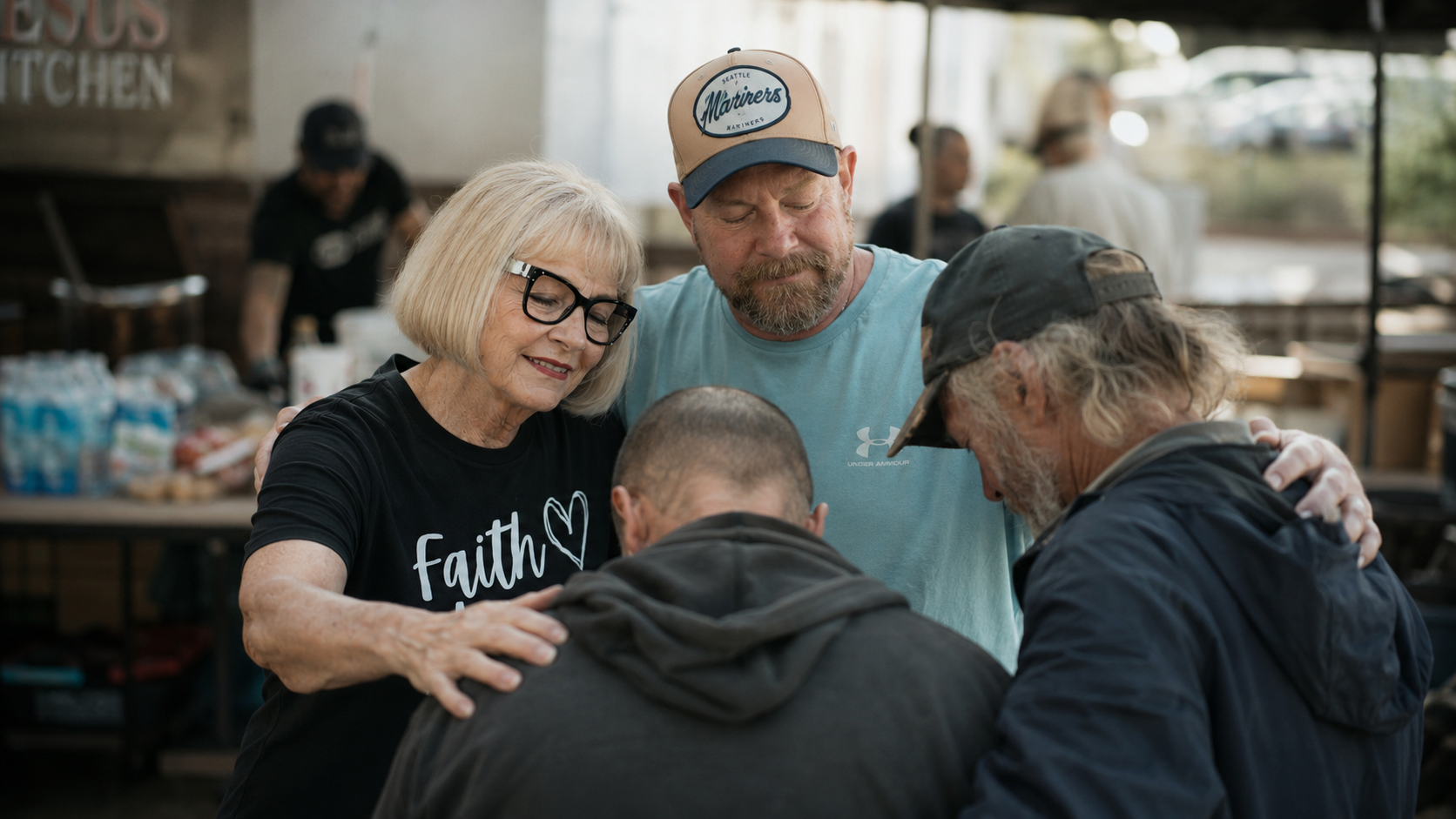 Sharon and Gary praying with people at the outdoor Simply Jesus Prayer Kitchen outreach in Yakima