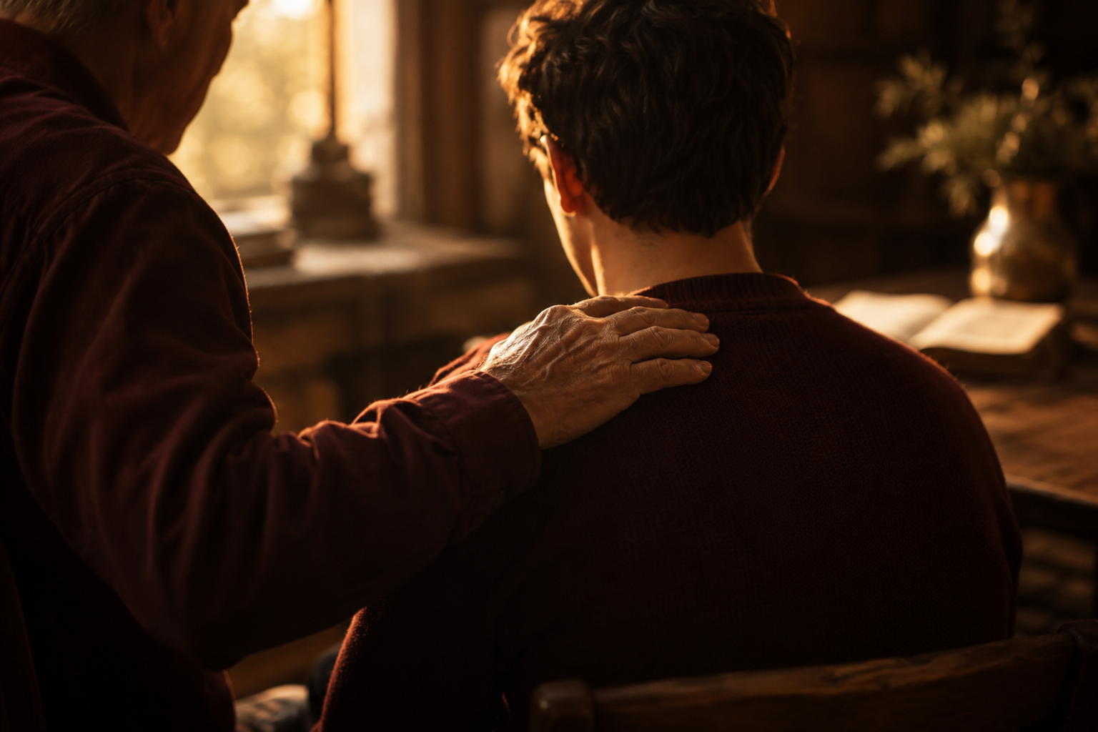 Older mentor with hand on younger man's shoulder — Christian leadership and discipleship in Yakima