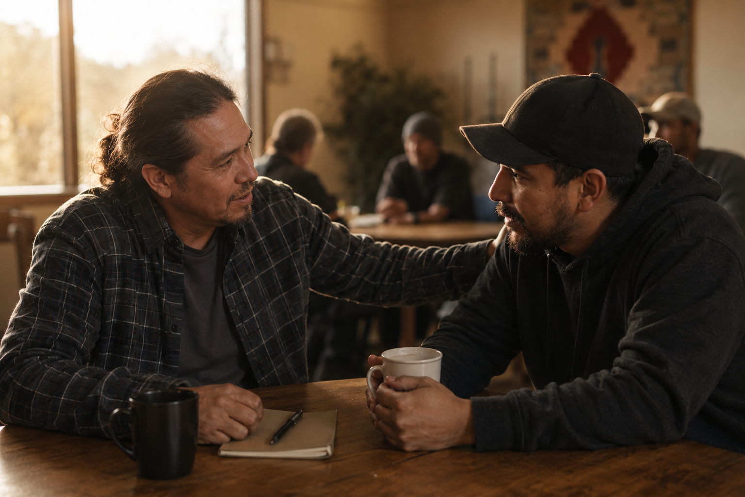 Two men sharing coffee and encouragement in a Yakima recovery meeting