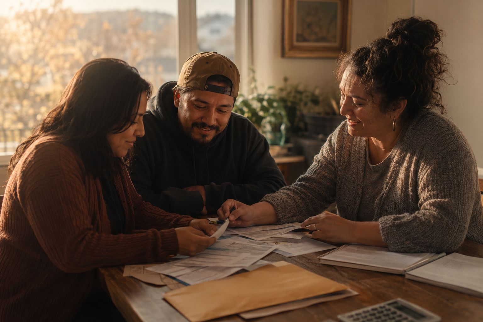 A family sitting with a case worker sorting rent and utility paperwork in Yakima