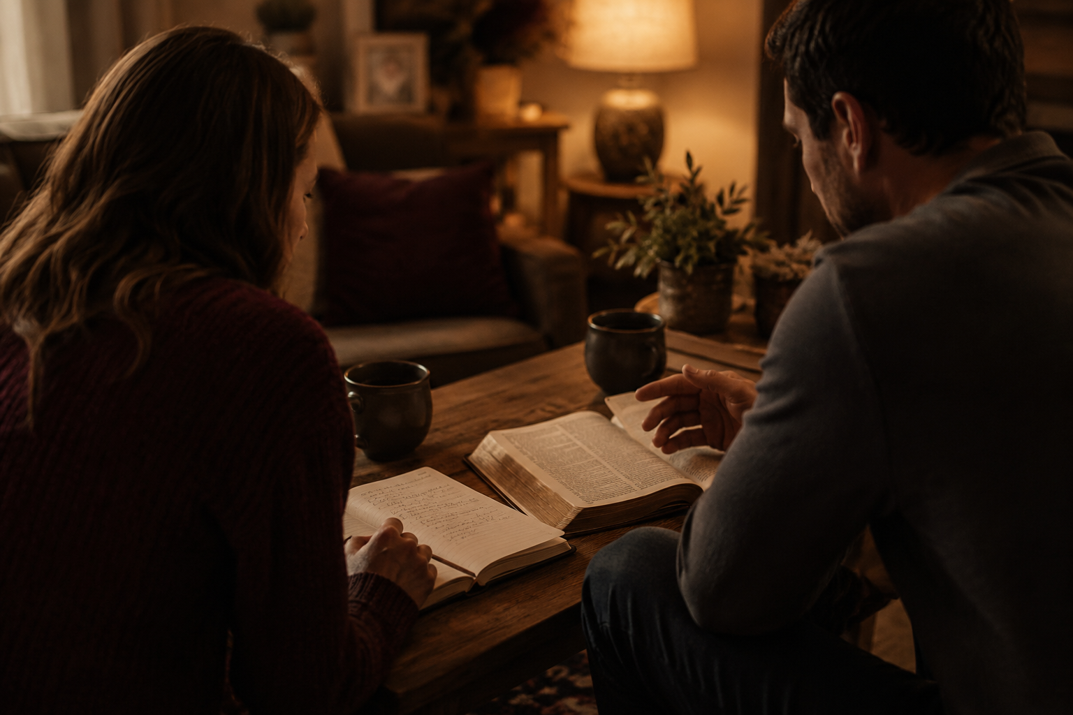 Couple studying the Bible together with journals and coffee in a home church setting