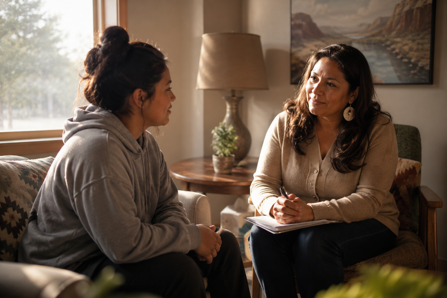 A counselor and a young woman in a warm-lit conversation in Yakima