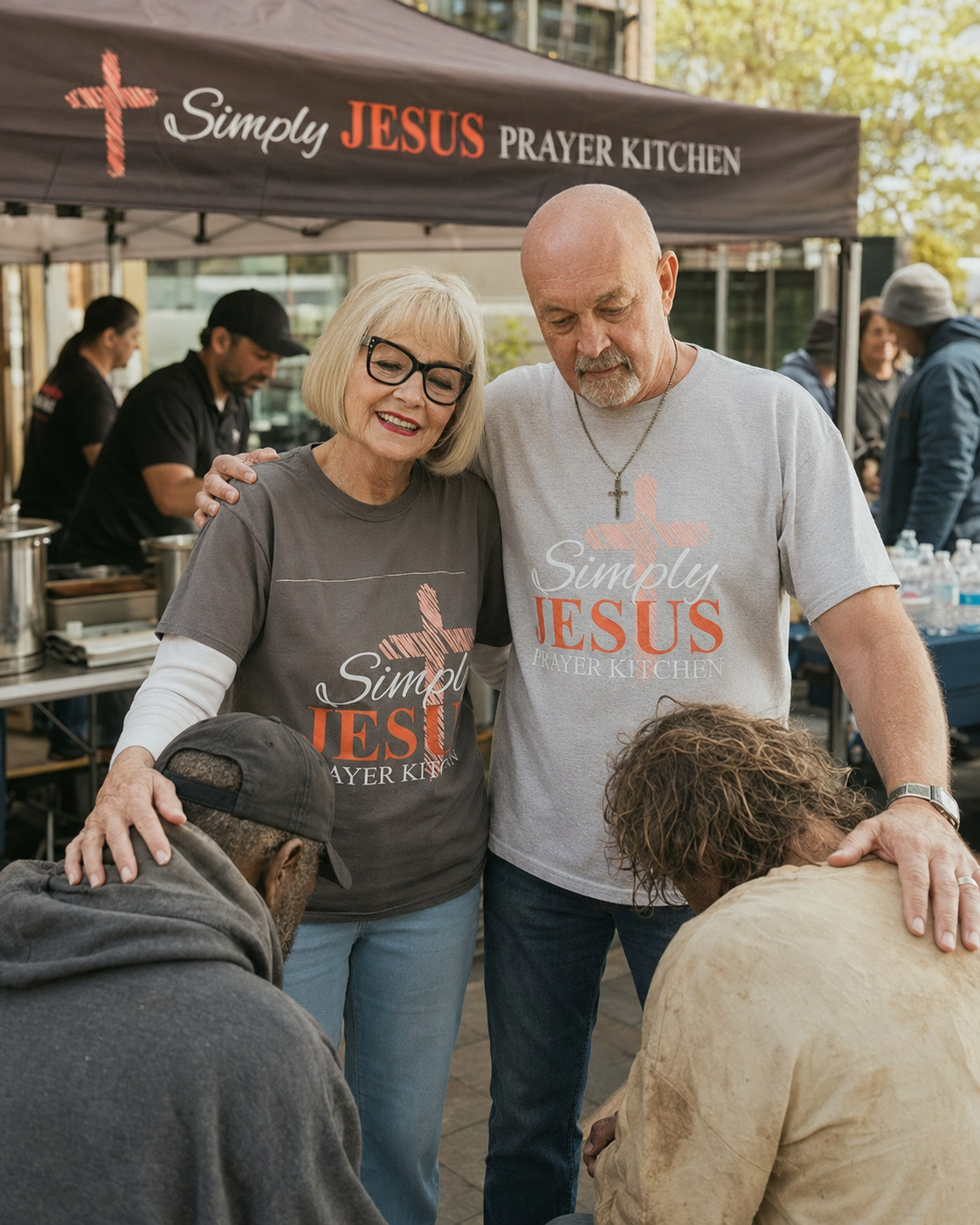 Sharon and Gary serving and praying under the Simply Jesus Prayer Kitchen canopy