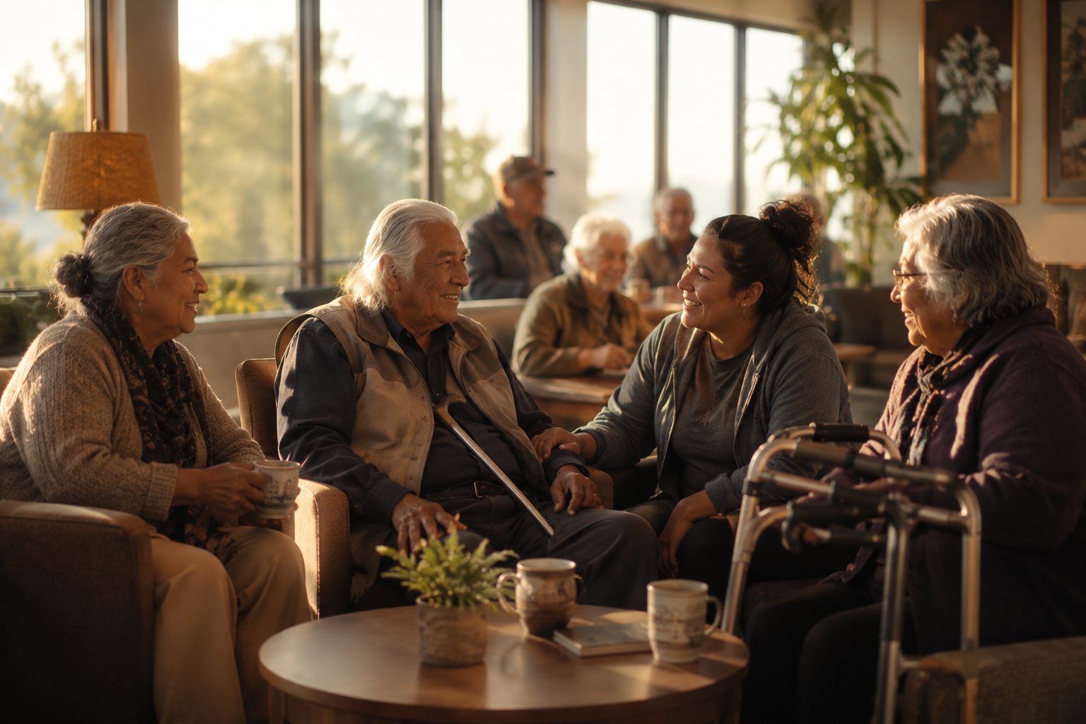 Elders visiting together in a bright Yakima community room