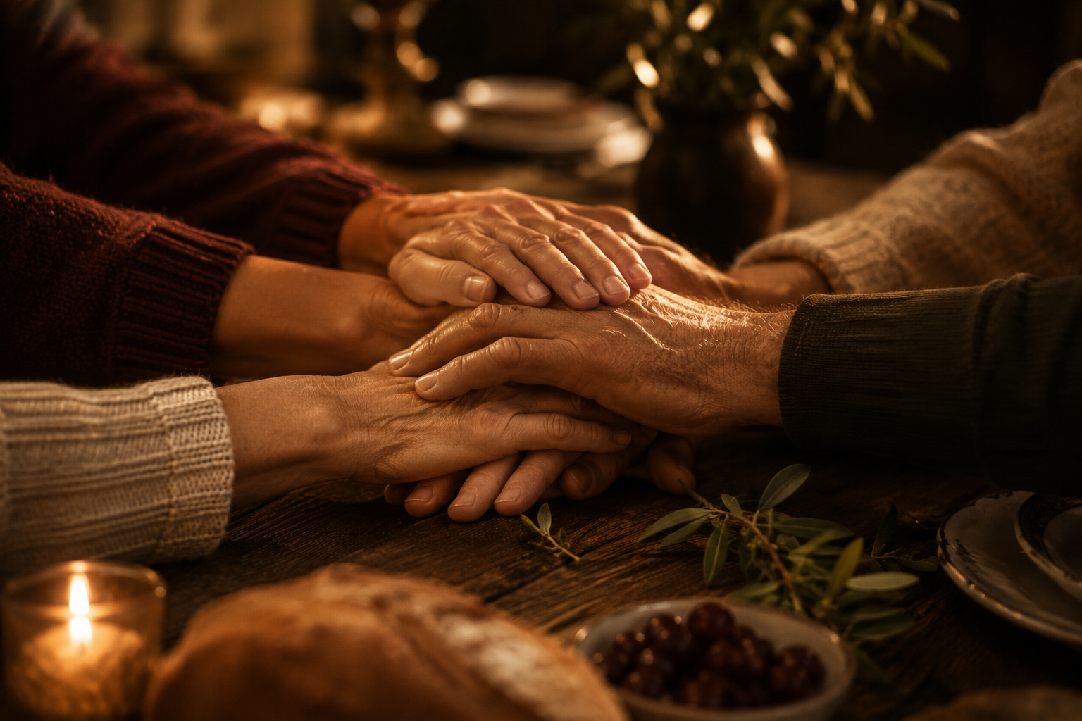 Three generations of hands resting together on a wooden table — Christian family values passed down