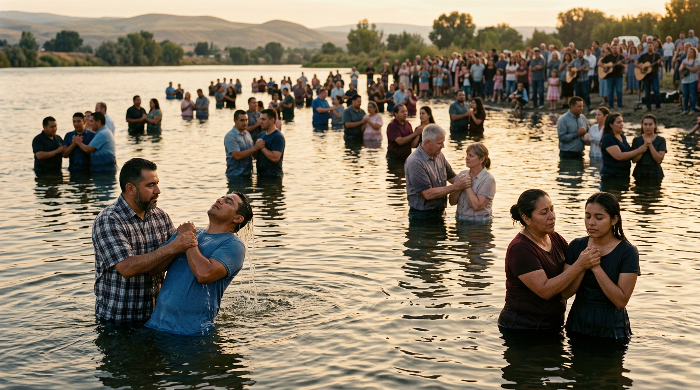 People gathered at Myron Lake for an outdoor baptism in Yakima Valley