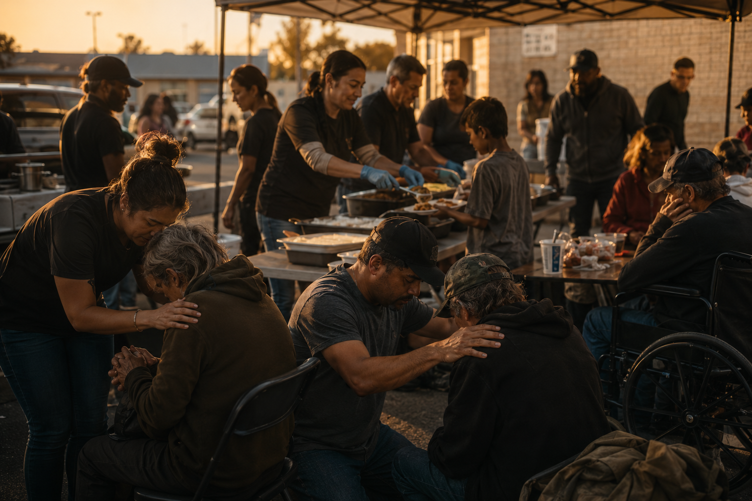 Volunteers praying with guests at Simply Jesus Prayer Kitchen outreach in Yakima at sunset