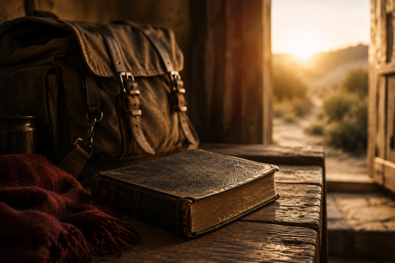 Worn travel bag and leather Bible by an open door at sunrise — the missionary calling