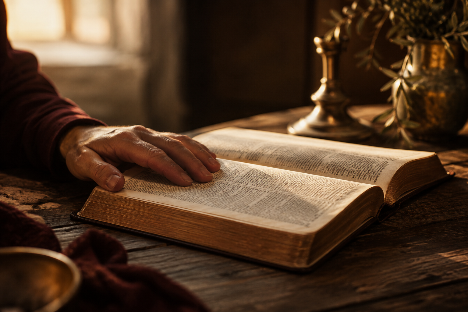 Open Bible on a wooden table lit by warm morning light — daily scripture reading and devotion