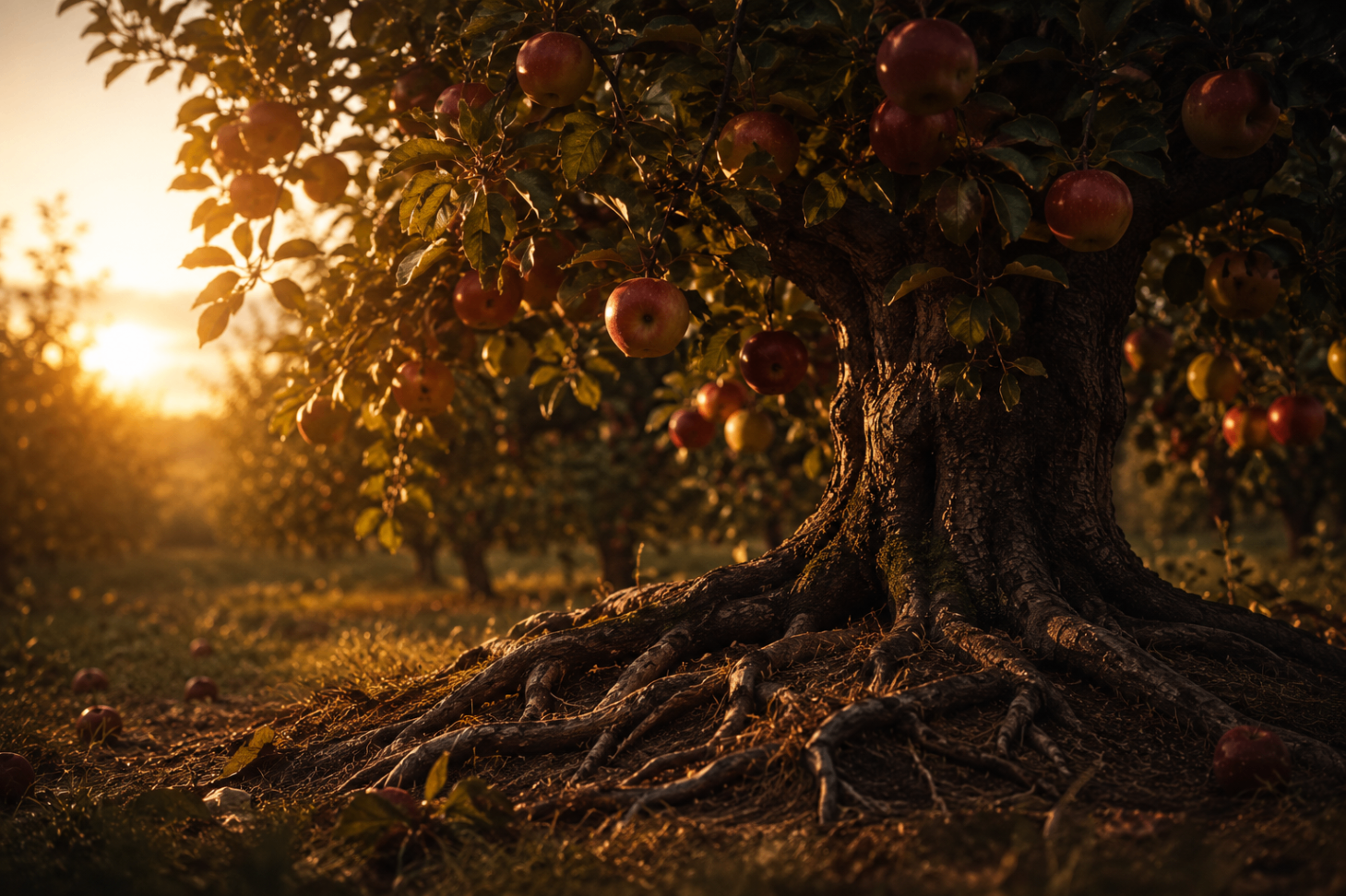 Deeply-rooted apple tree heavy with fruit at sunset — churches multiplying with mature, lasting fruit