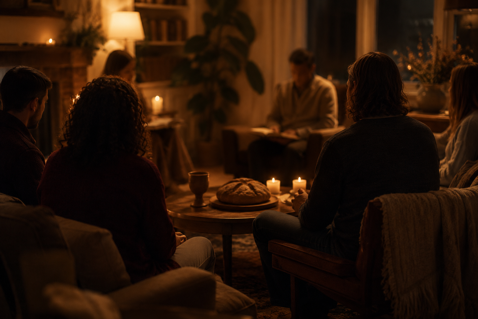 Small group gathered around candles, bread, and a cup in a Yakima home church