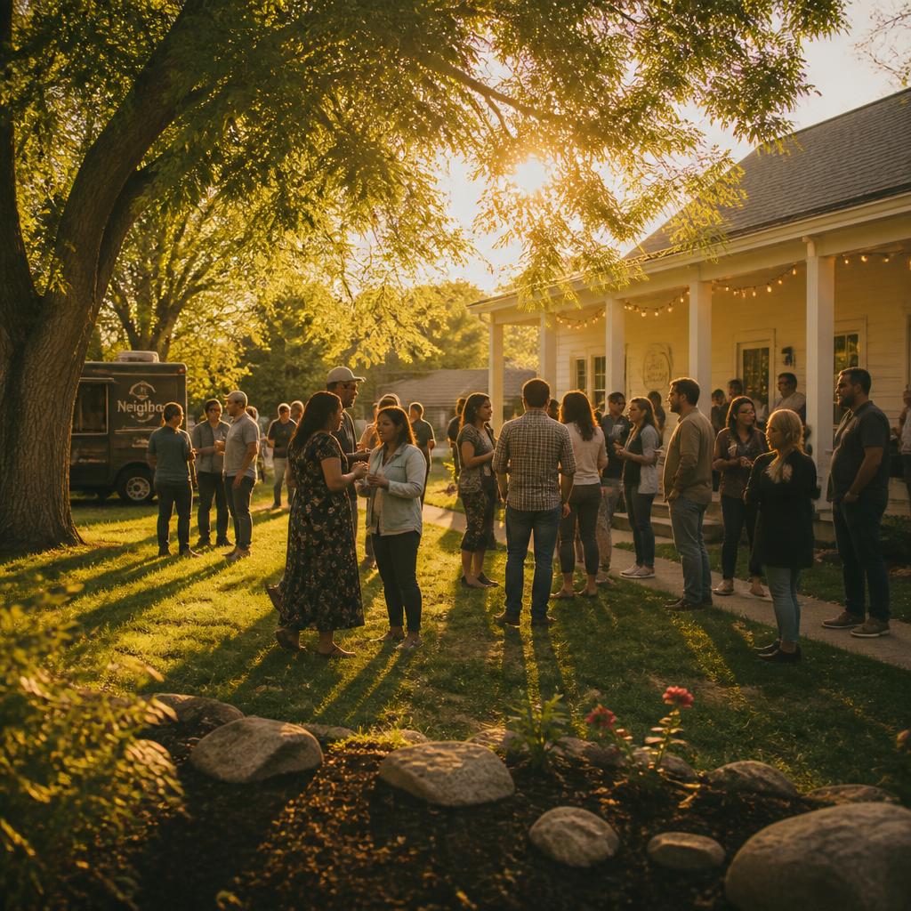 A warm, informal gathering of people outdoors in golden light